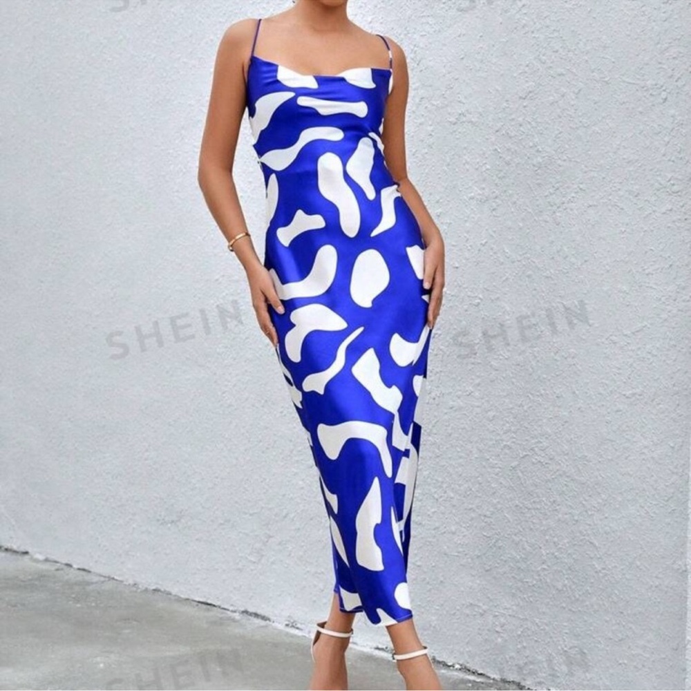 Blue and white draped collar dress.
